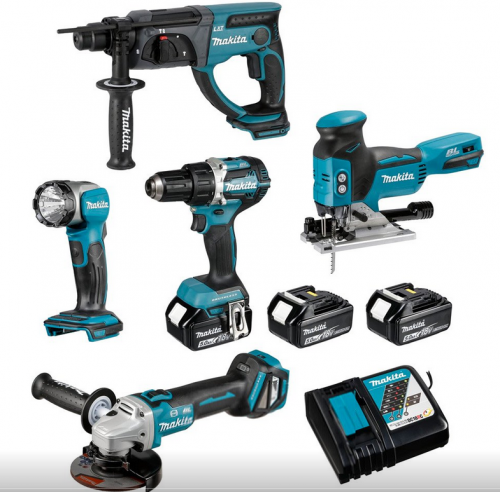 Makita COMBO SET 18V LXT DDF484Z + DGA513Z + DHR202Z + DJV181Z + DML802 + 3x5,0Ah Li-Ion DLX5044TJ